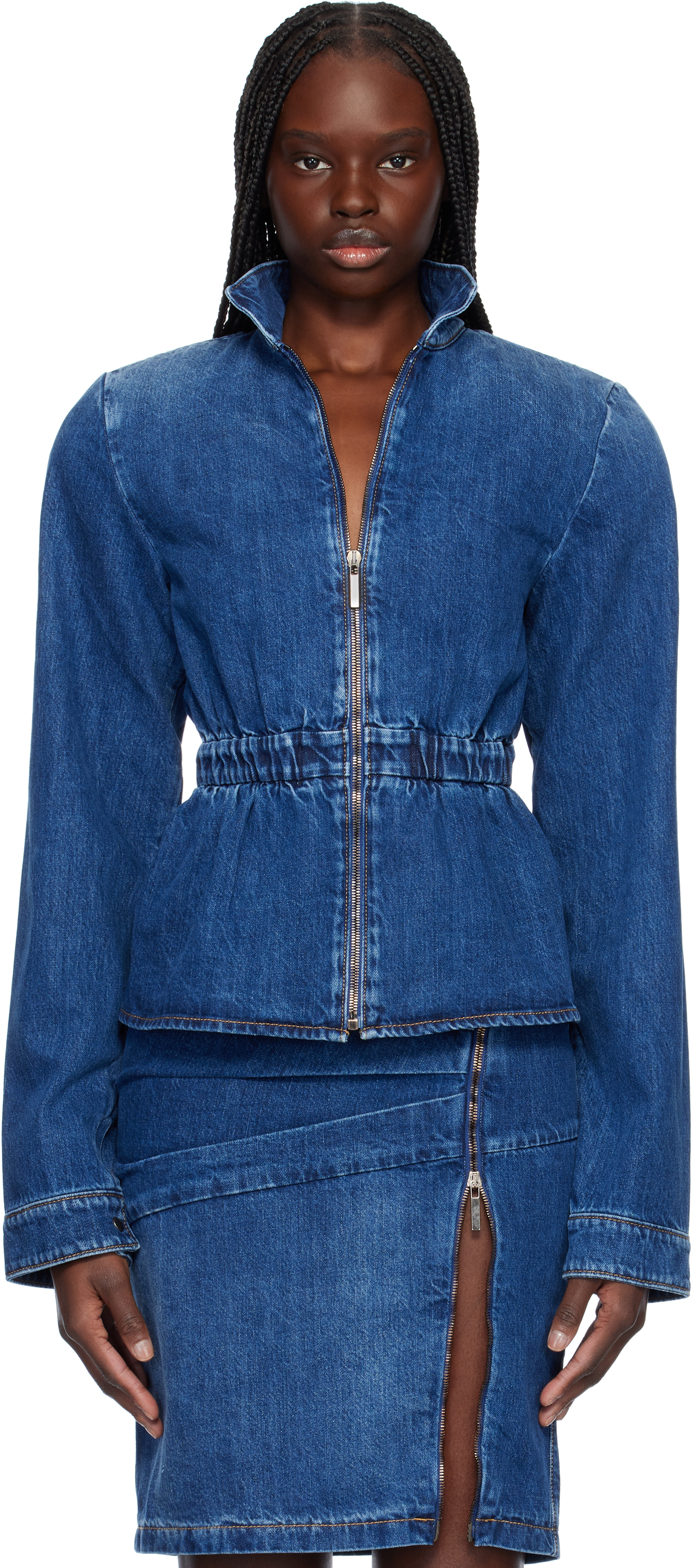 Nensi Dojaka Blue Hayley Peplum Bomber Denim Jacket