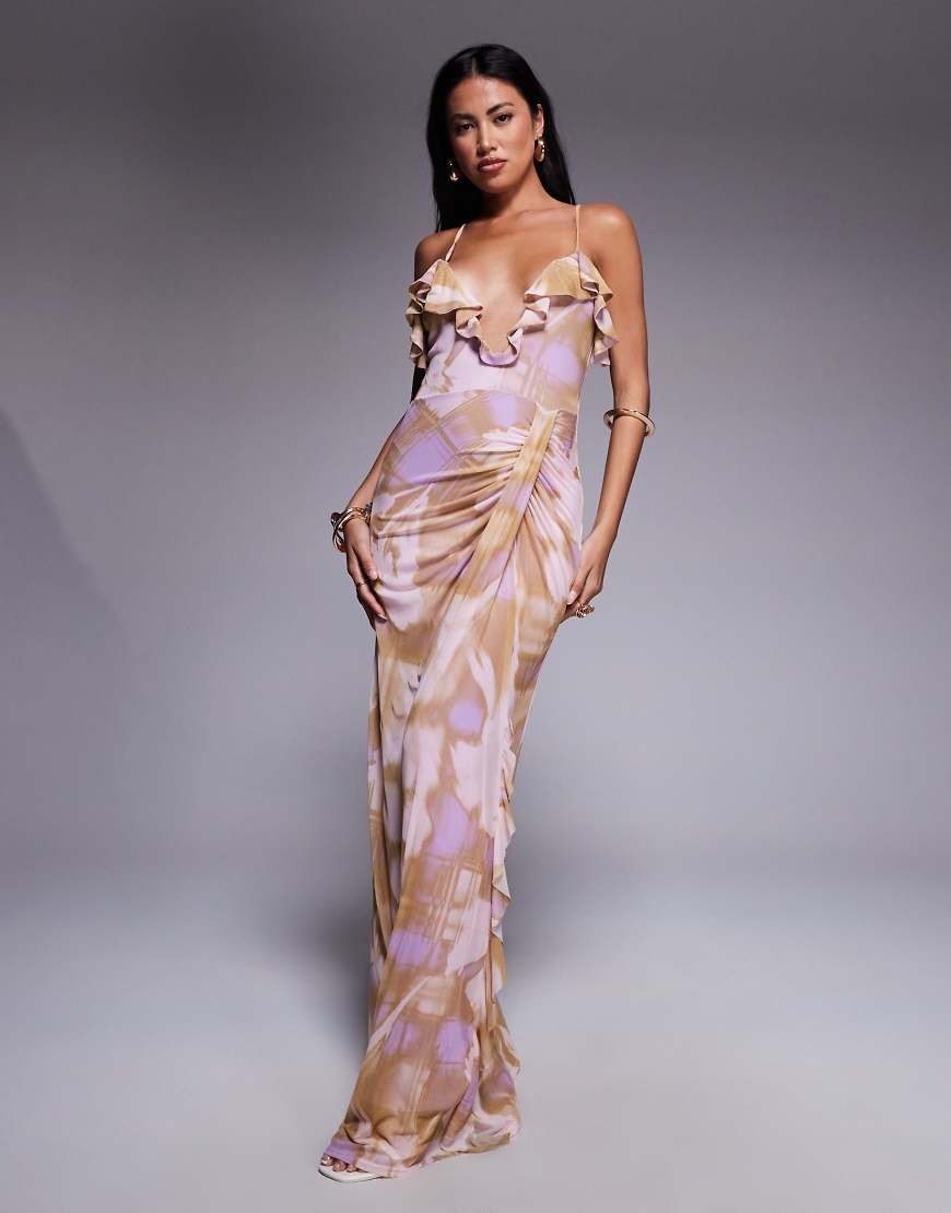 Printed mesh ruffle maxi dress with ruched detail in blurred floral print-Multi