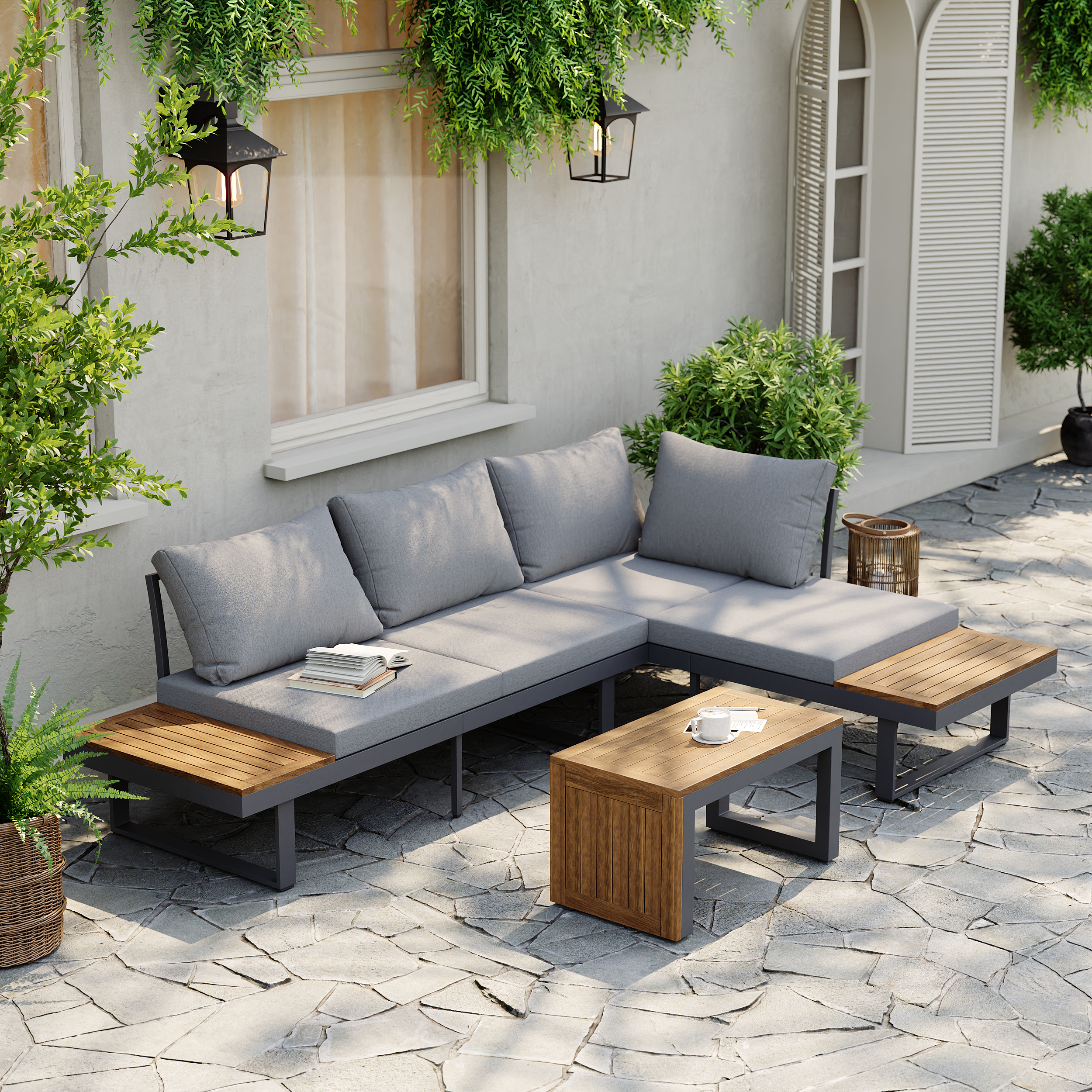 4 Seater Modular Outdoor Acacia Sectional Sofa Set with Cushion and Table, 3 PCS Versatile L-Shaped Garden Lounge Sofa Patio Furniture Set