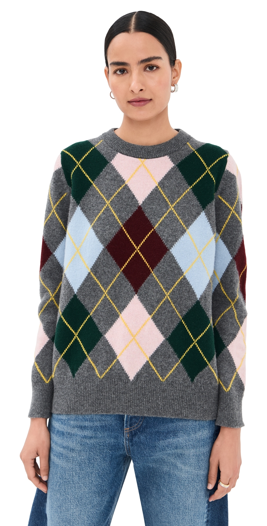 &Argyle Slouch Crewneck Sweater Grey With Pale Pink