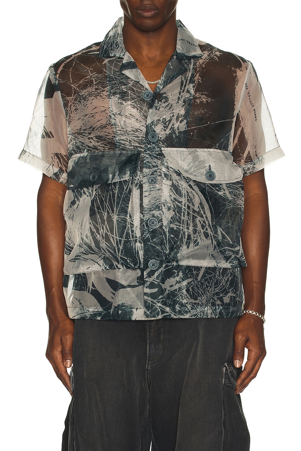 Reese Cooper Organza Short Sleeve Cargo Shirt in Brush Camo - Blue. M also in XL/1X