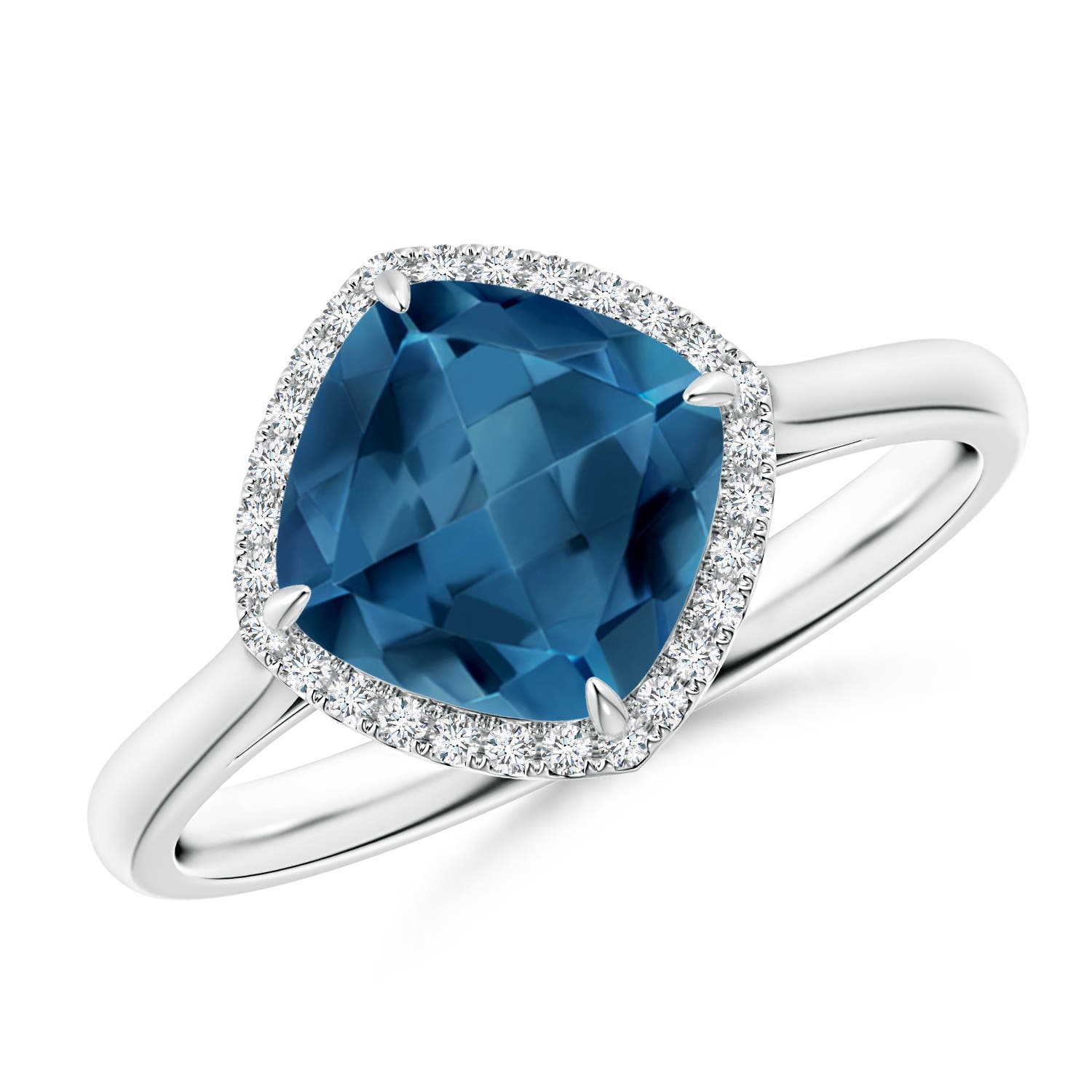 Angara 2.5 Carats Claw-Set Cushion London Blue Topaz Cocktail Halo Ring in Platinum