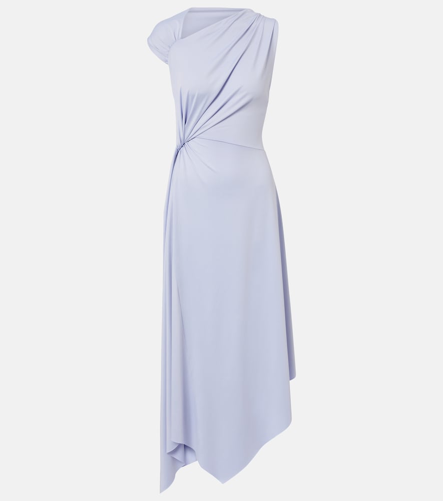 Asymmetric gathered jersey midi dress