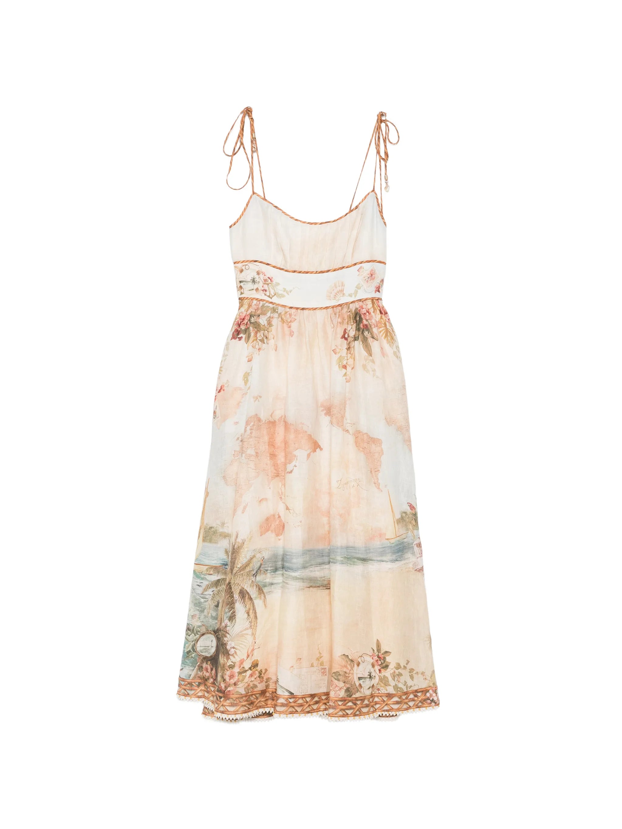 Map-Print Tie-Strap Dress — cream