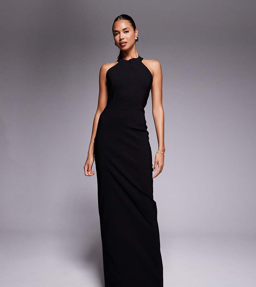 Bengaline high scoop halterneck low back maxi dress in black