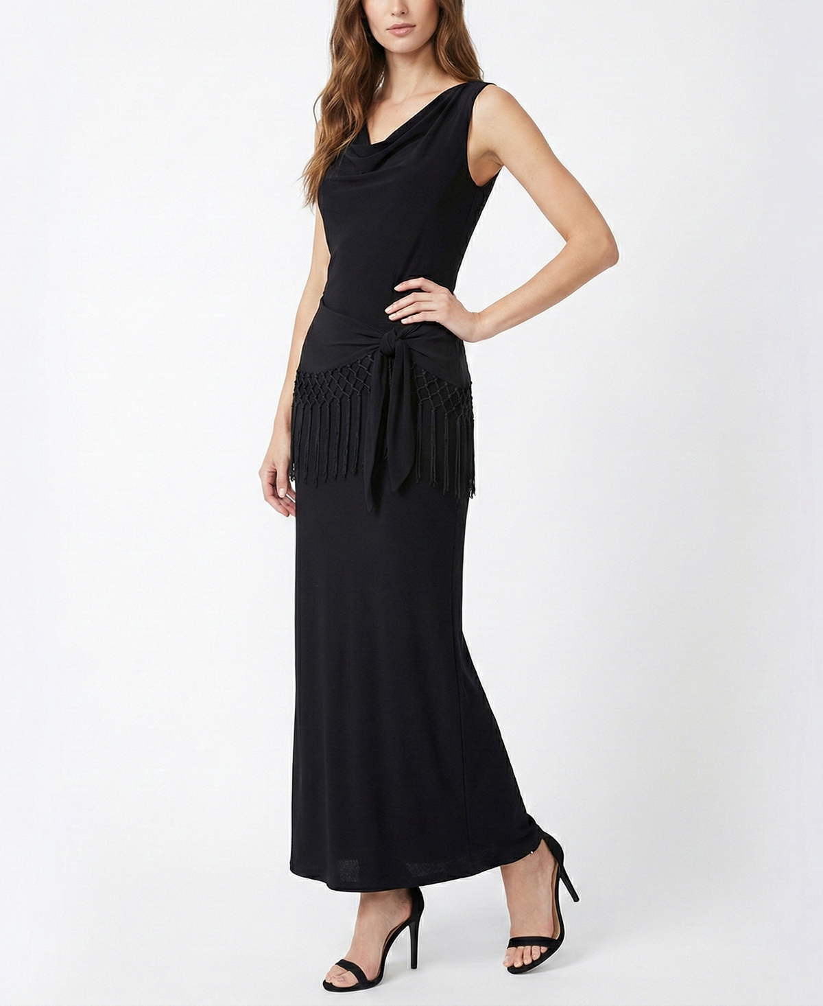 Women's Fringe Detail Peplum Cowl Neck Fit & Flare Dress - Black