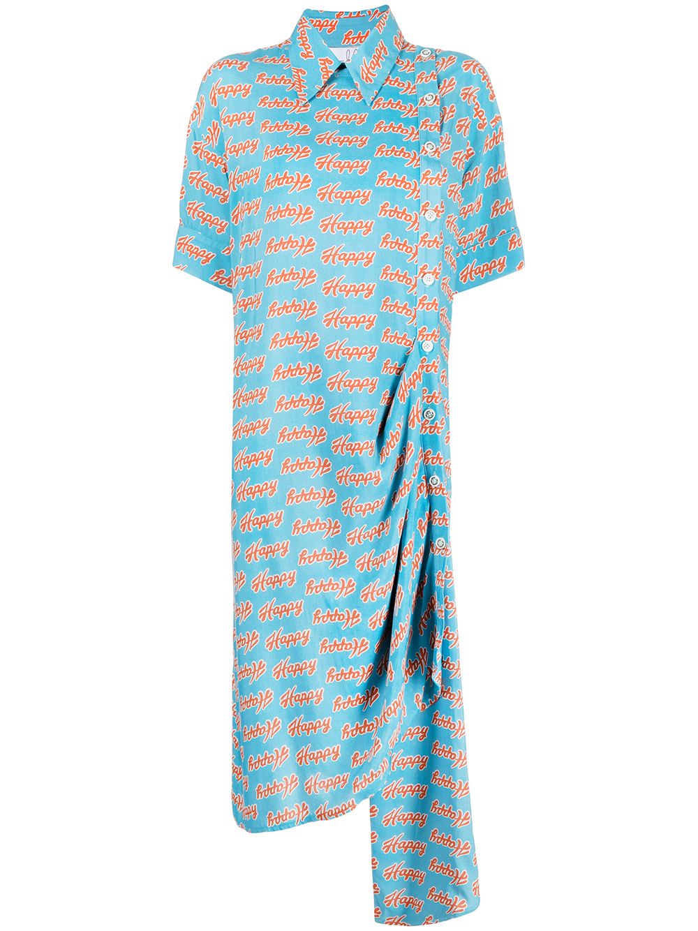 Slogan-print asymmetric shirt dress - Blue