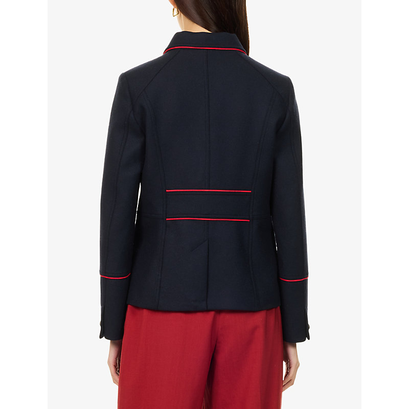 Womens Piped-Trim Wool-Blend Utility Jacket