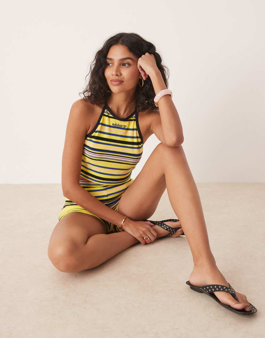 Halterneck top in yellow striped towelling