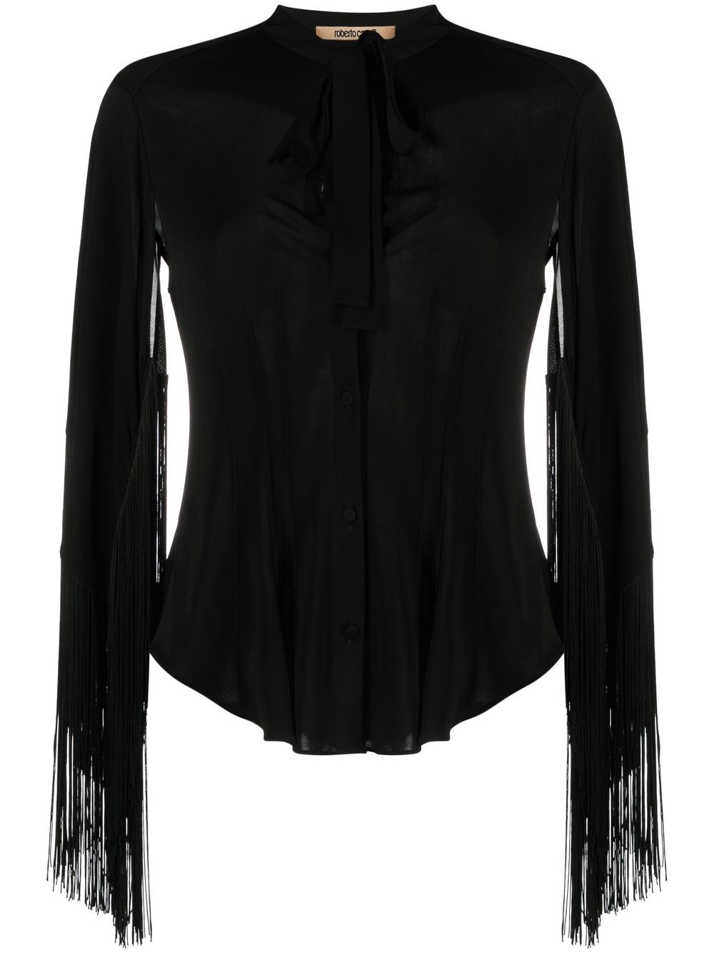 Fringe cuffs tie-collar shirt - Black