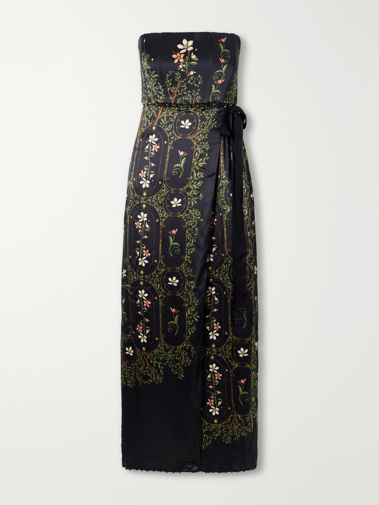 Floral-print Embellished Satin Midi Dress - Black