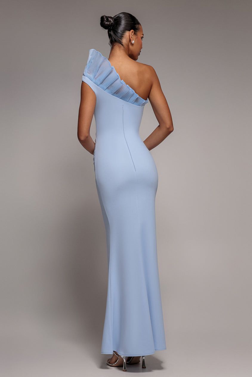 Goddiva Women's One Shoulder Organza Frill Pleated Mermaid Maxi Dress in Mid Blue
