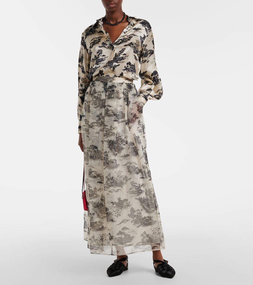 Elegante Sabbia printed silk organza maxi skirt
