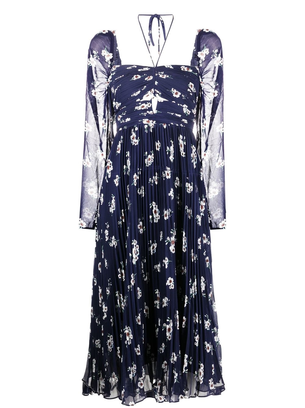Pansy-print pleated midi dress