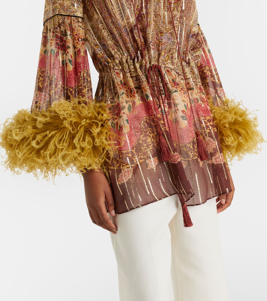 Paisley feather-trimmed silk-blend blouse