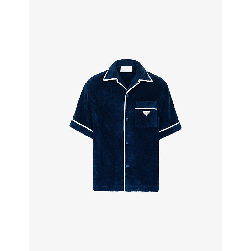 Mens Blue Brand-plaque Cotton Bowling Shirt 
