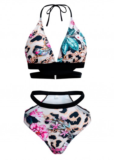 Modlily Floral Print Halter Leopard Bikini Set