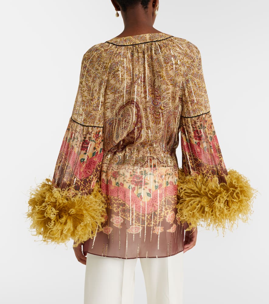Paisley feather-trimmed silk-blend blouse