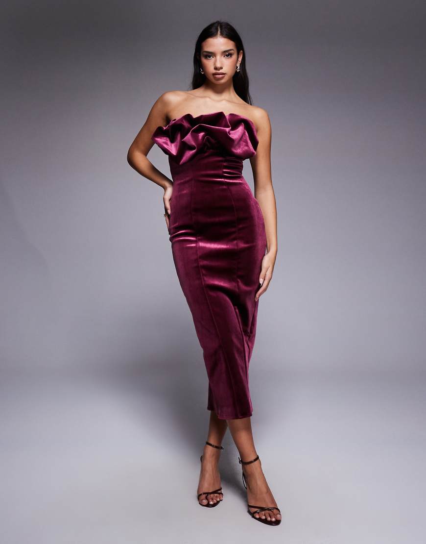 Bonded velvet bandeau structured midi dress with ruffle bodice detail in burgundy