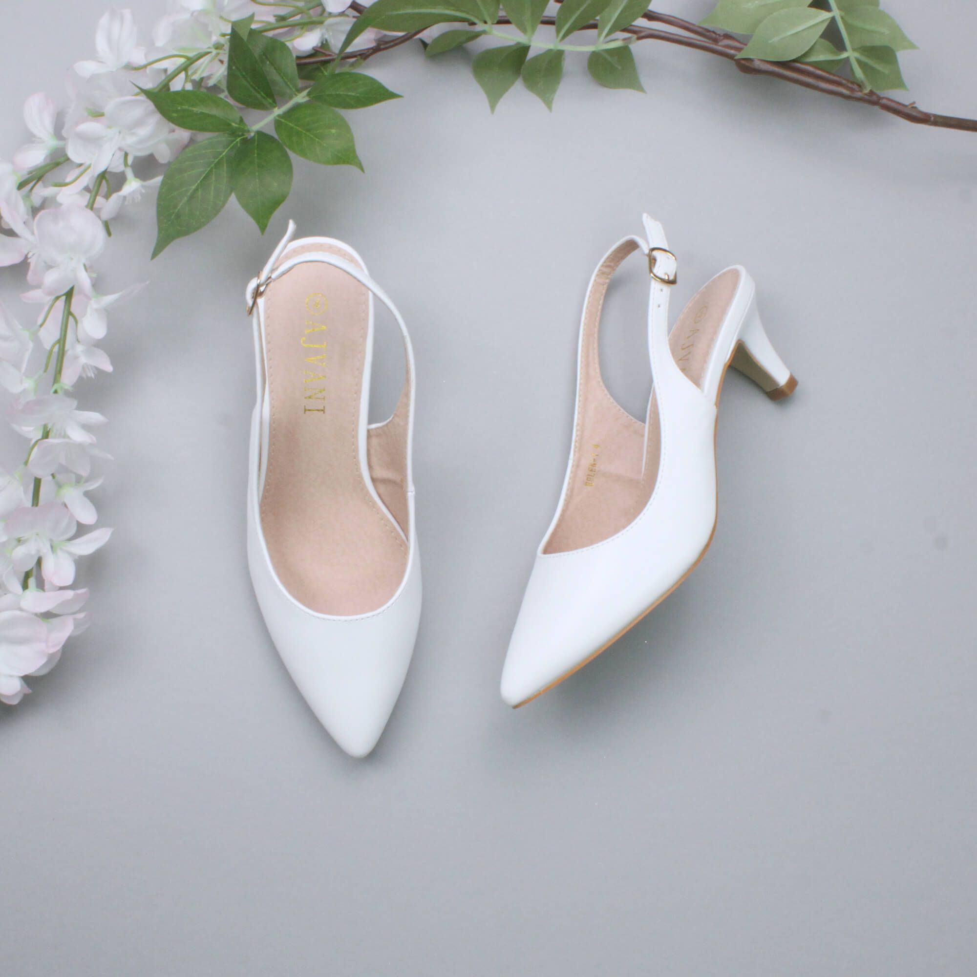 Ajvani Mid Heel Slingback Pointed Toe Court Shoes In White