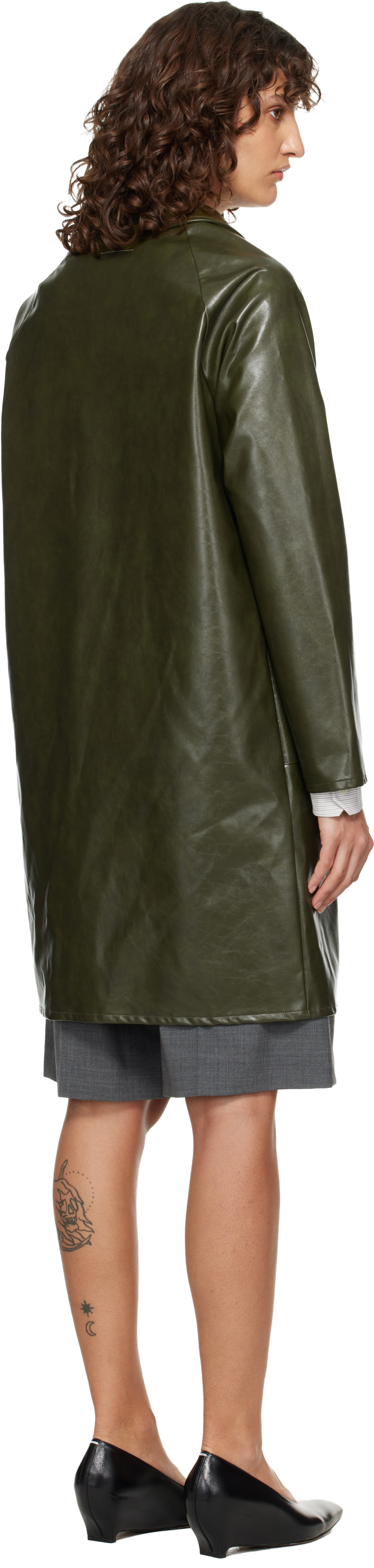 Khaki Raglan Faux-Leather Coat