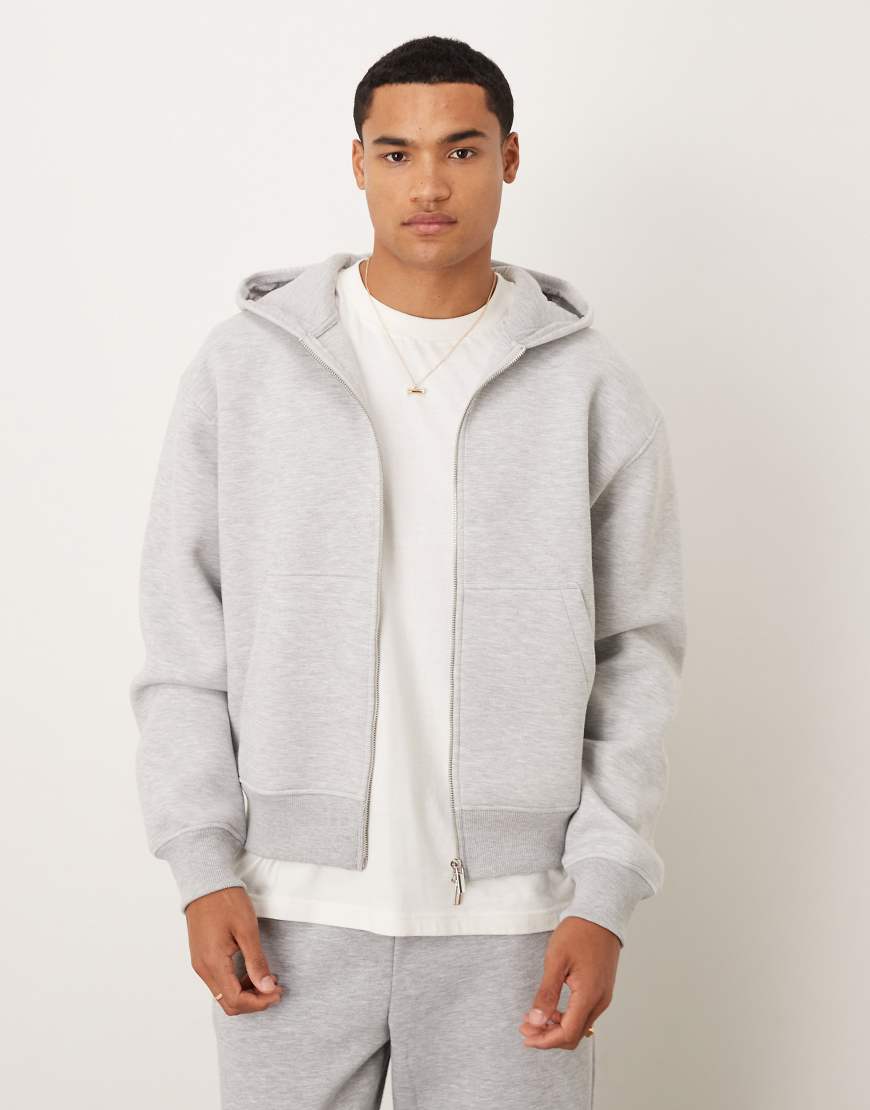 Heavyweight boxy oversized zip through hoodie in scuba-style fabric in ice marl-Grey
