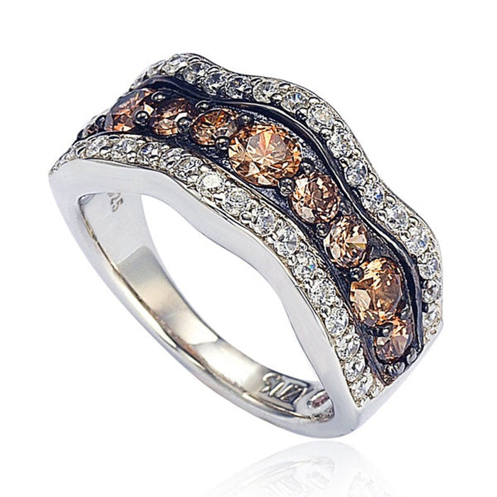 Brown and White Cubic Zirconia Sterling Silver Wavy Ring