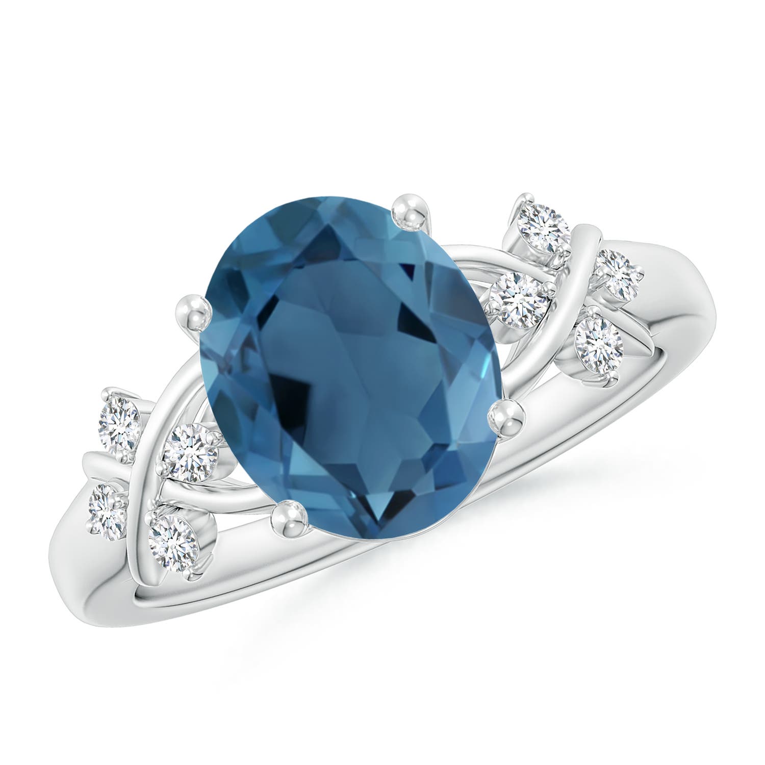 Angara 3.25 Carats Oval London Blue Topaz Criss Cross Ring with Diamonds in Platinum