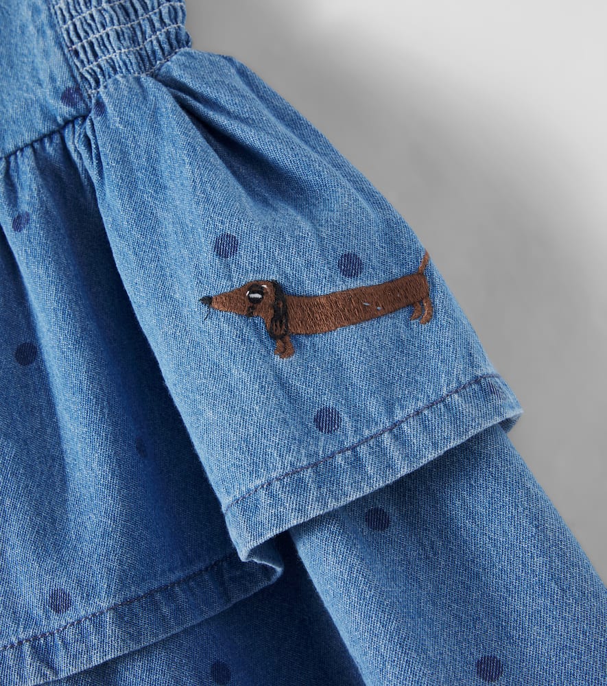 Polka-dot embroidered denim dress