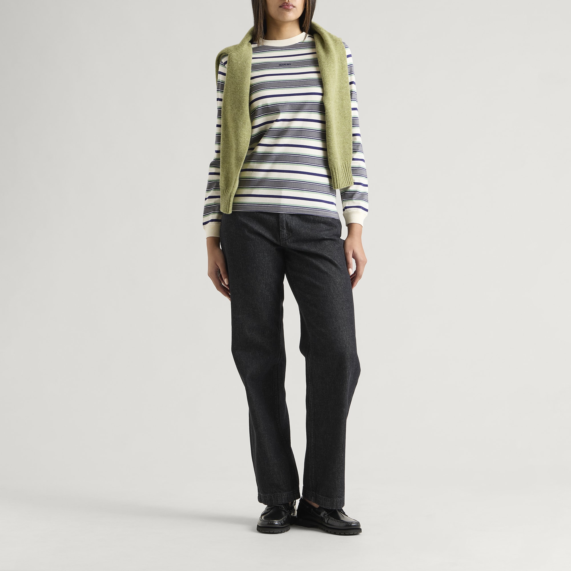 Women's Embroidered Stripe Long Sleeeve T-Shirt in Ivory