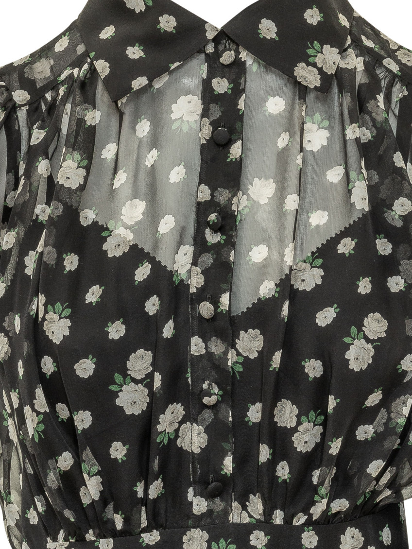Black Floral Shirt Collar Midi Dress