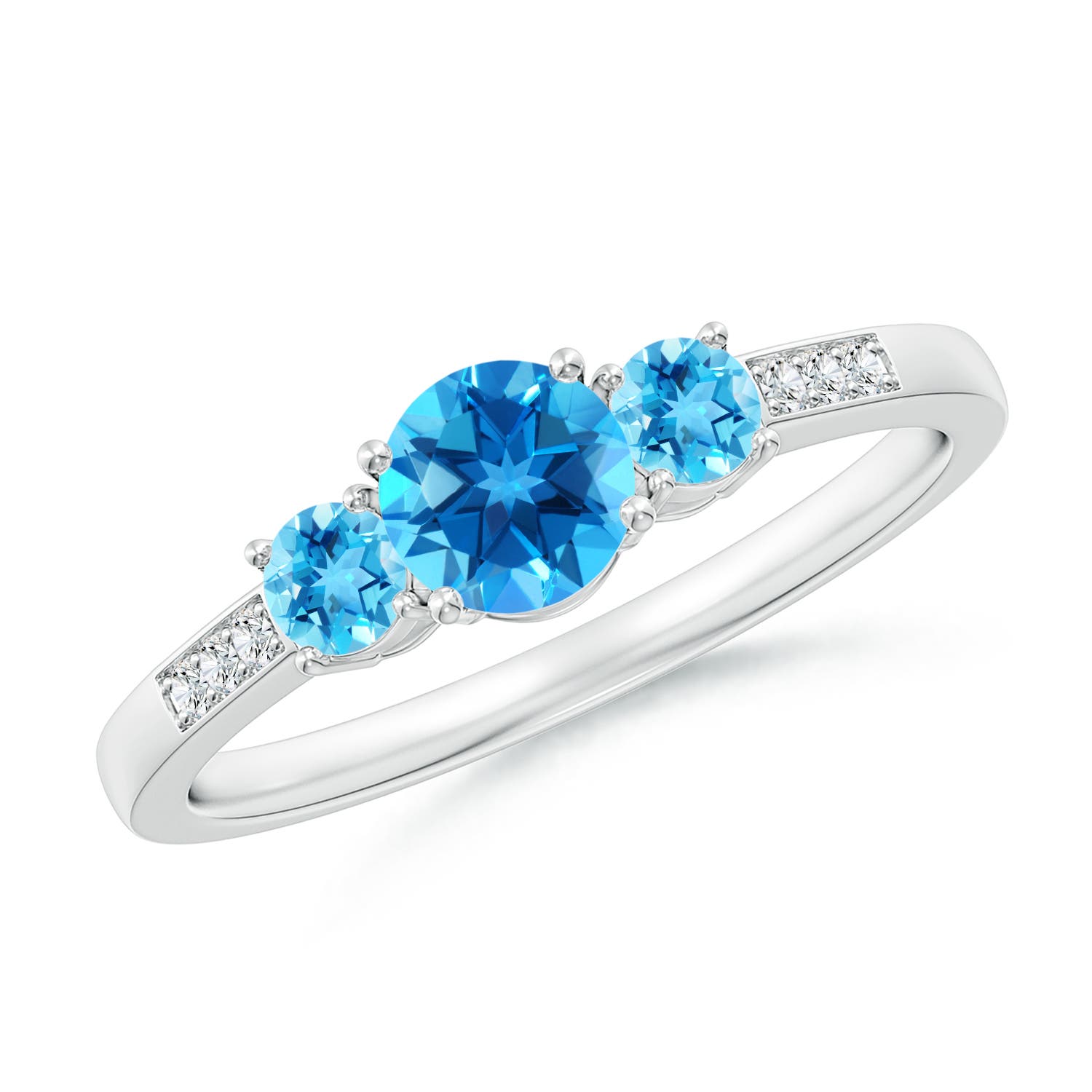 Angara 0.6 Carat Three Stone Round Swiss Blue Topaz Ring with Diamond Accents in Platinum