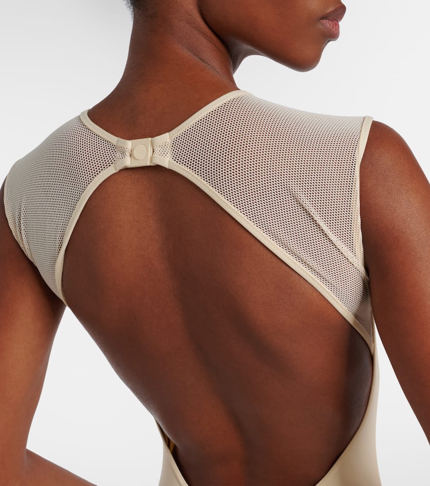 Unique mesh-trimmed jersey bodysuit