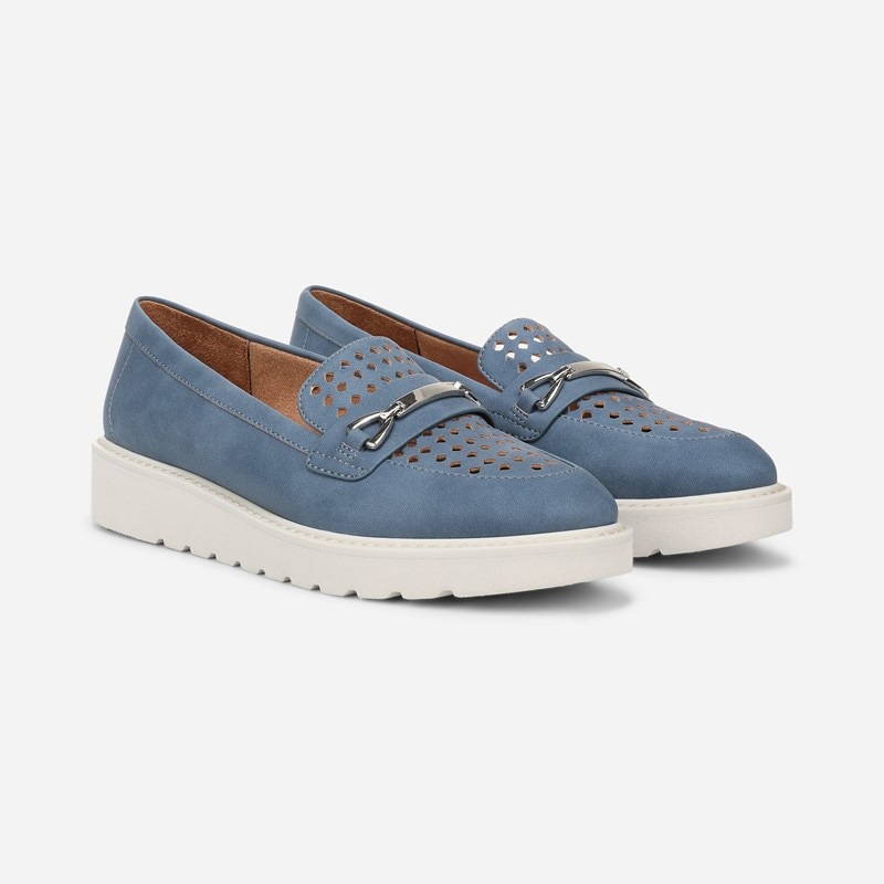 Elin Loafer Shoes, Blue Perforated Faux Leather