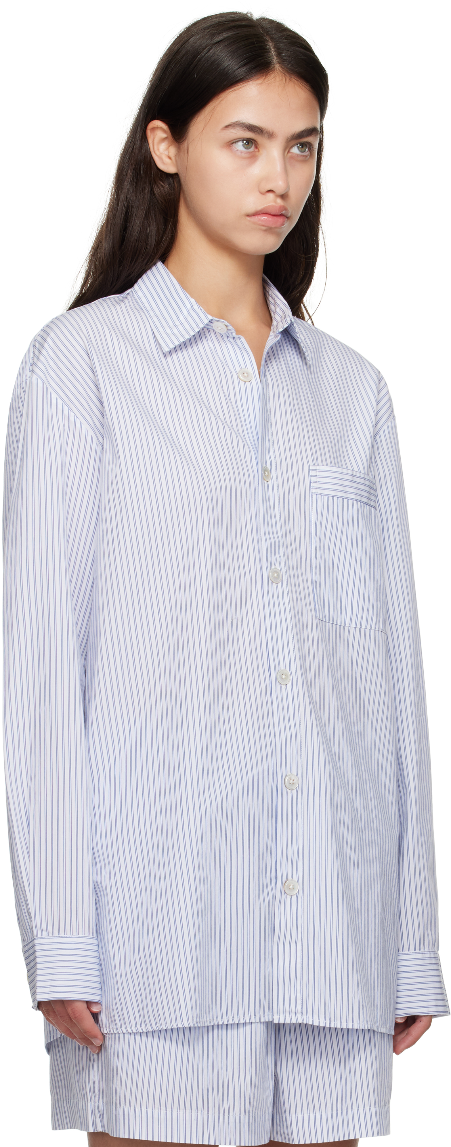White & Blue Poplin Long-Sleeved Pyjama Shirt