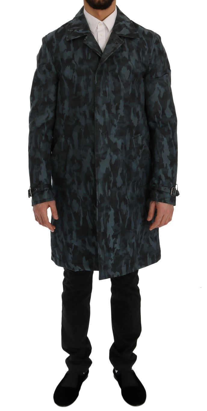 Blue Camouflage Hemp-Linen Trench Coat — Blue