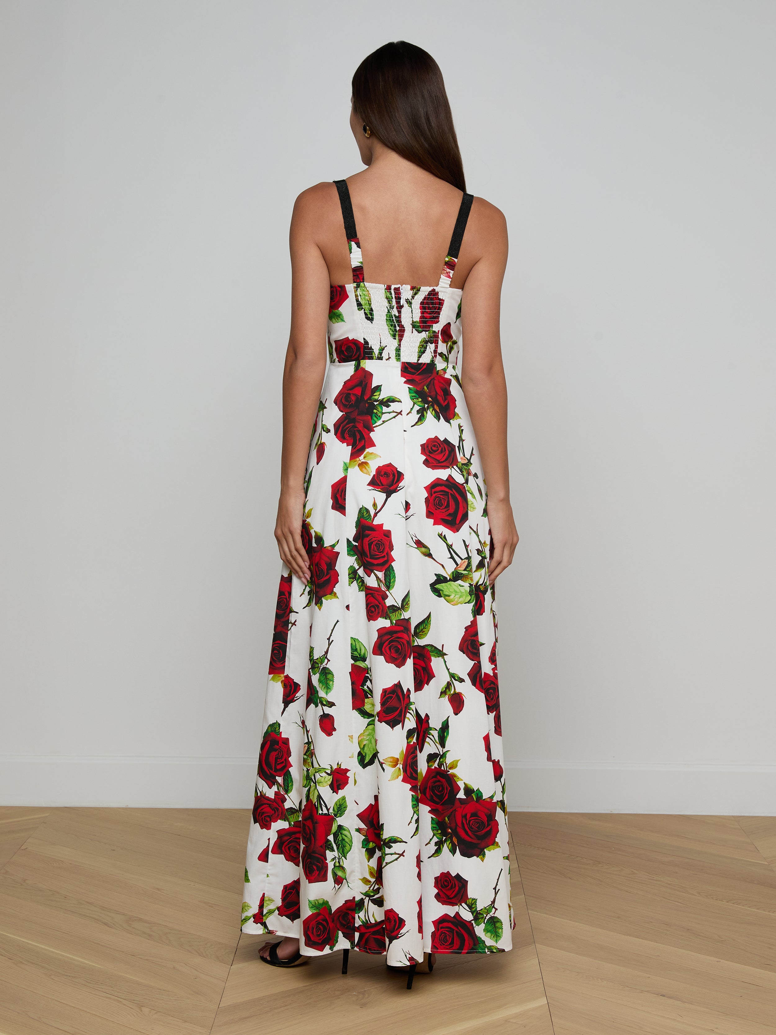 Sutton Beaded Strap Gown In White/red Romantic Rose