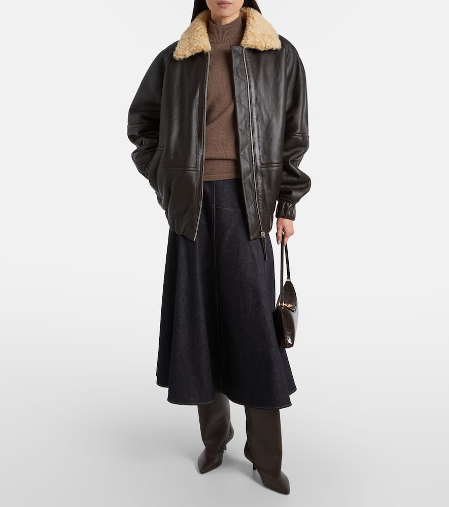Bombardier shearling-trimmed leather bomber jacket