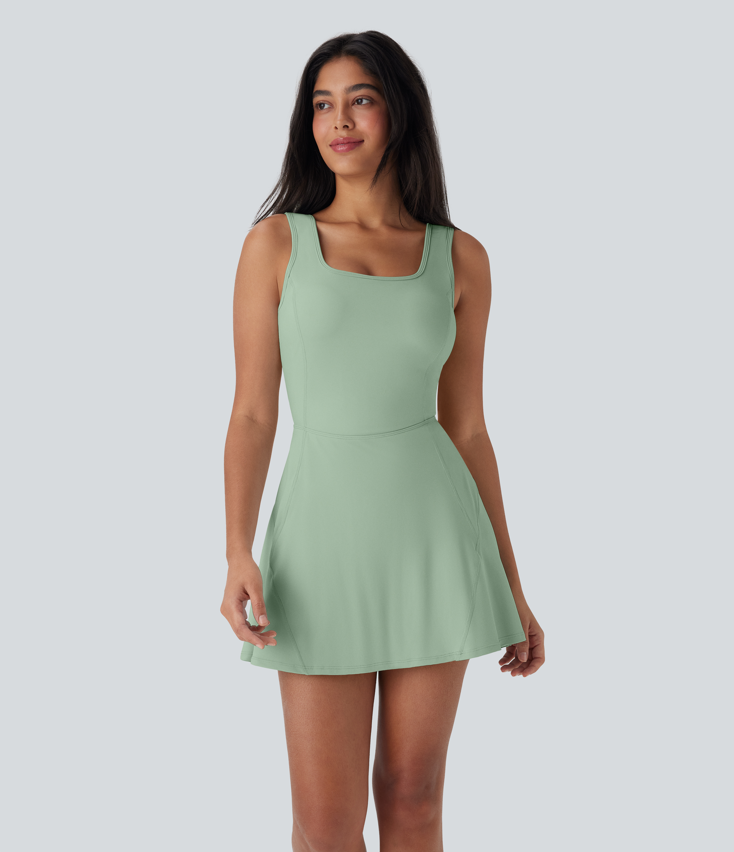 SoftlyZero™ Airy U Neck 2-in-1 Pocket Mini Cool Touch Dance Active Dress-Easy Peezy Workout Dress - Light Bean Green