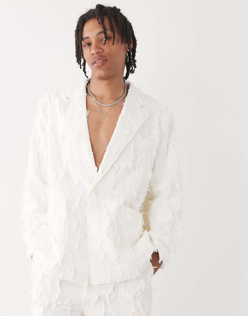 Limited Edition oversized suit jacket in cream with fraying-White