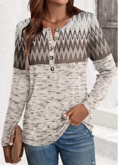 Modlily Light Coffee Button Chevron Print Long Sleeve T Shirt