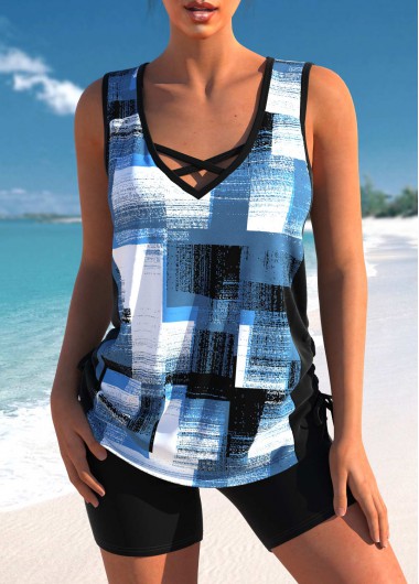 Modlily Criss Cross Geometric Print Denim Blue Tankini Set
