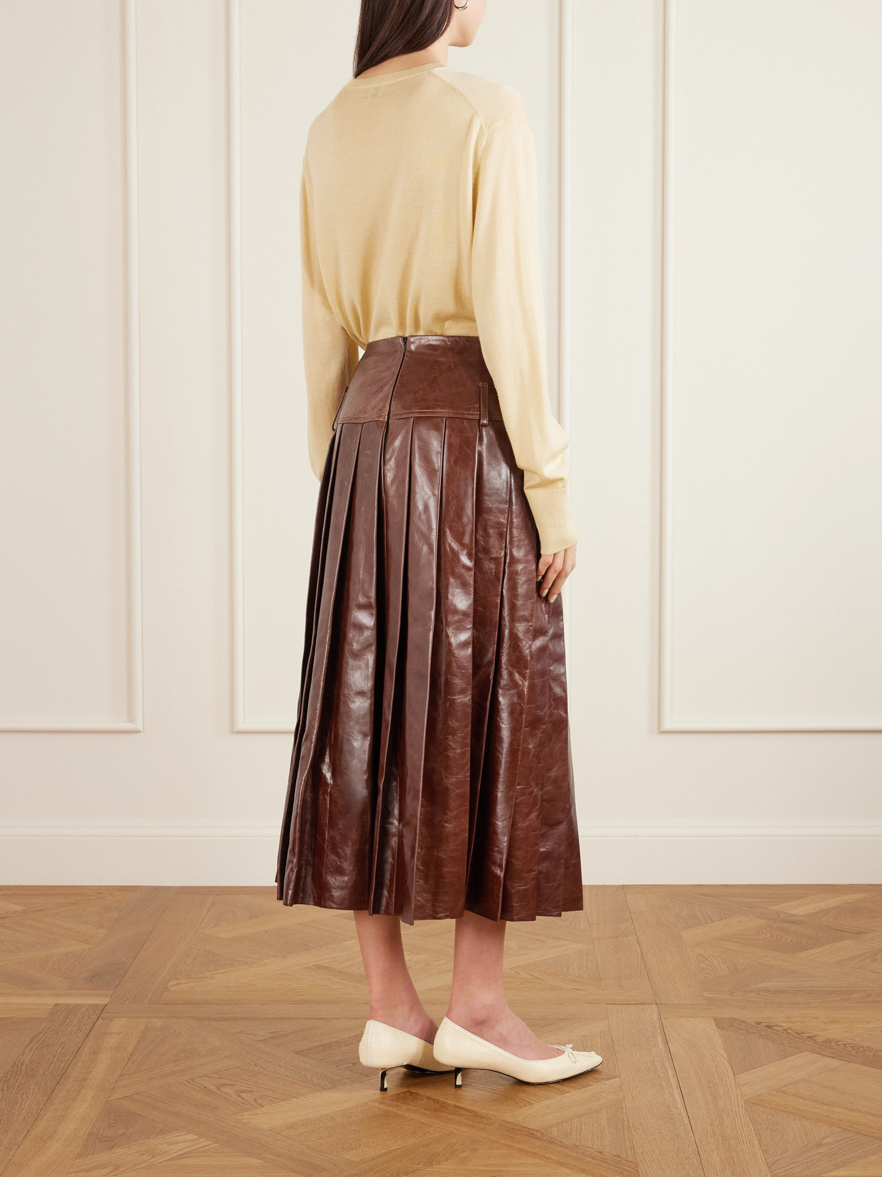 Pleated Glossed-leather Midi Skirt - Brown