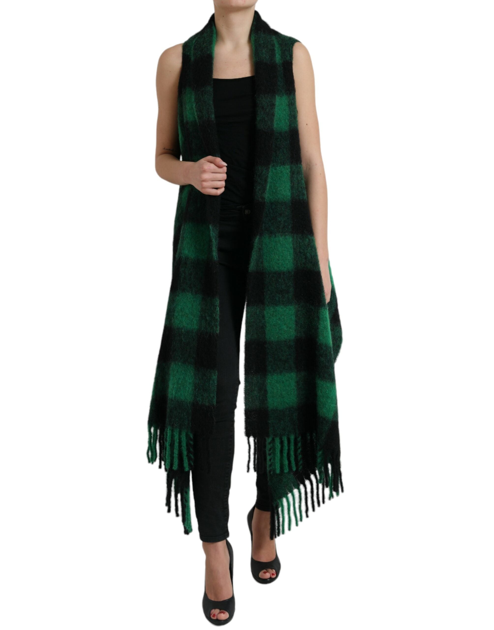 Buffalo Check Knit Poncho Jacket — Green