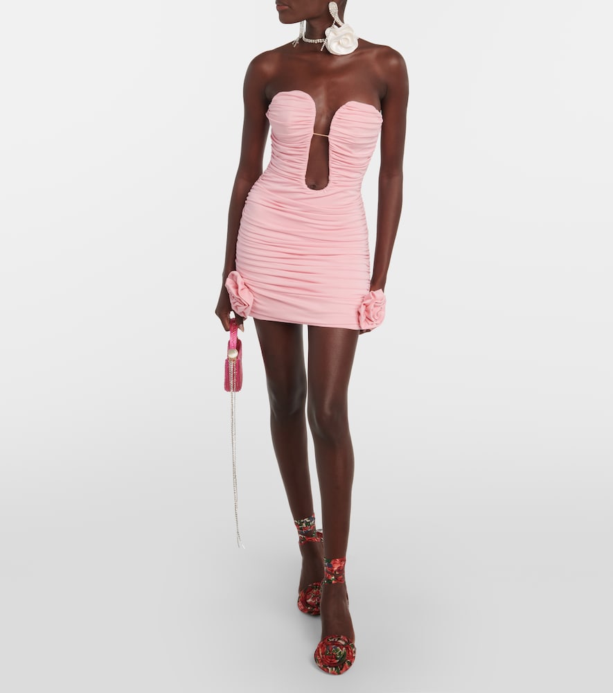 Floral-appliqué ruched minidress