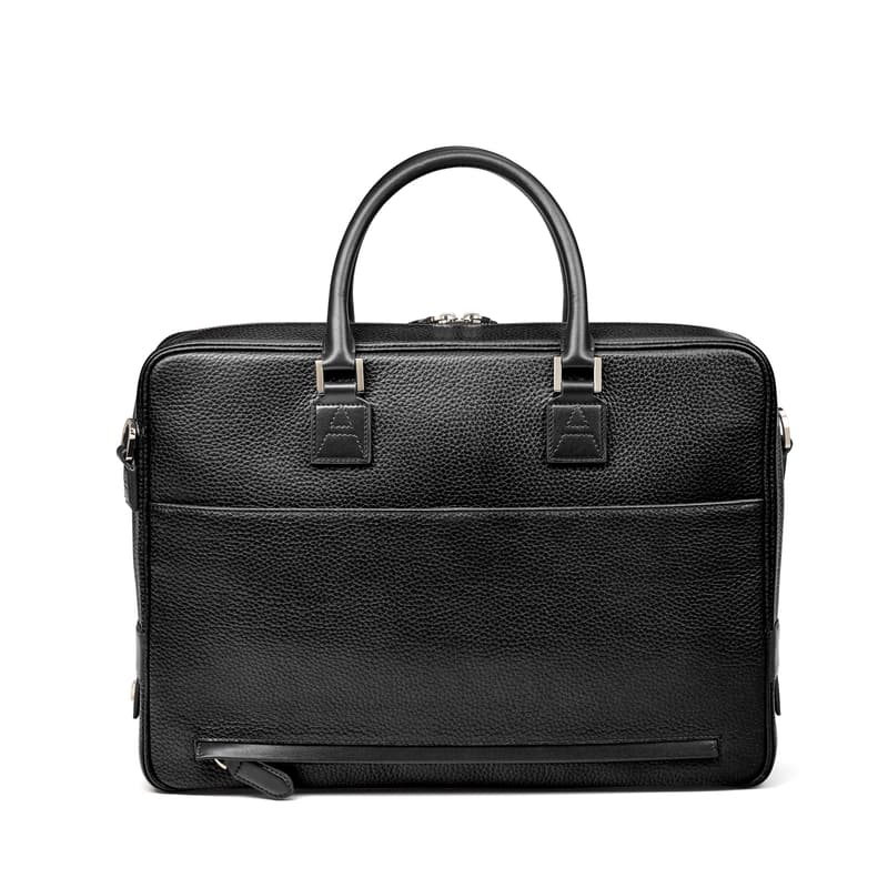 Mount Street Leather Laptop Briefcase Bag in Black Pebble