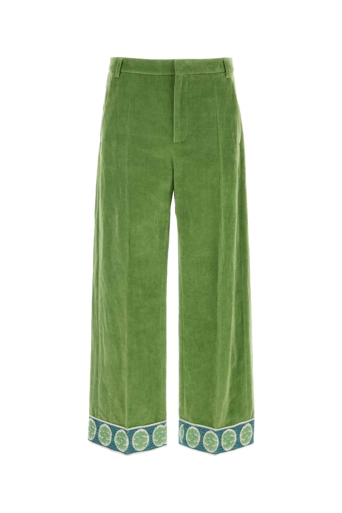 Embroidered Cotton-Linen Trousers — Green
