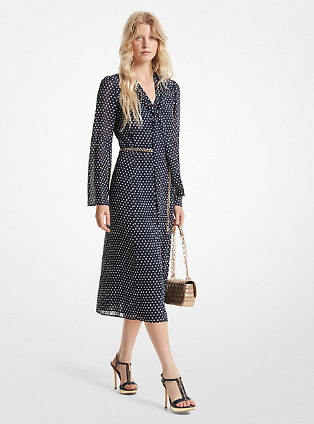 Polka-dot belted midi dress - Blue