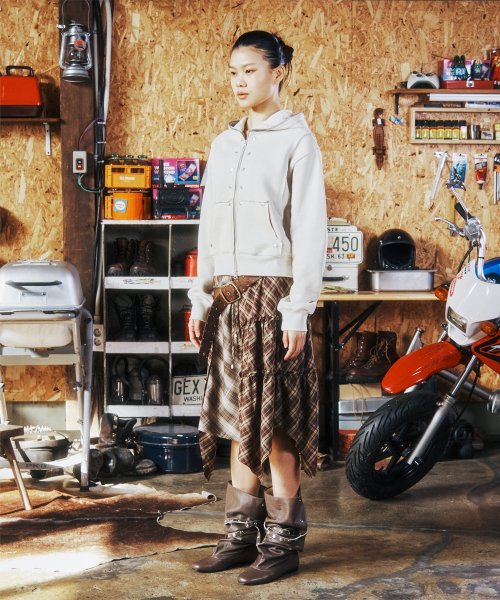 STUDDED FULL ZIP-UP HOODIE BEIGE