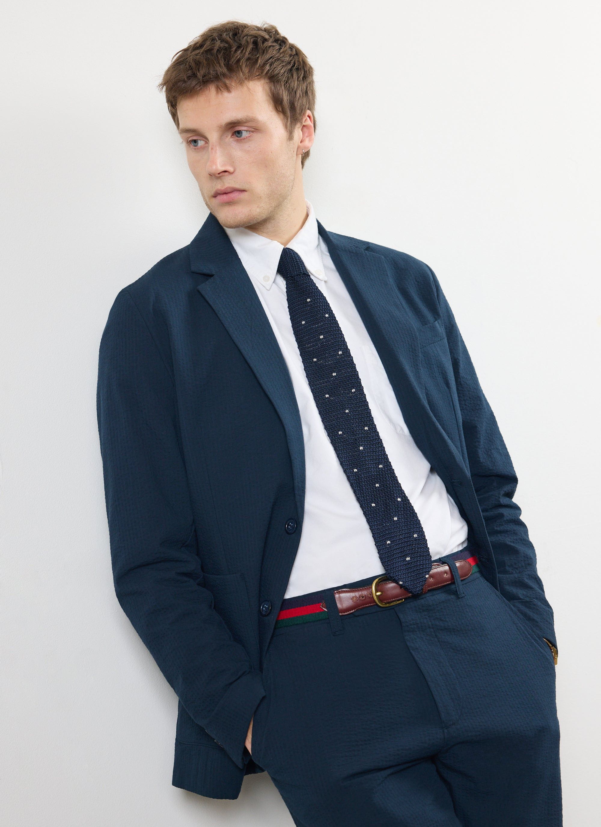 Tailored Seersucker Blazer Navy